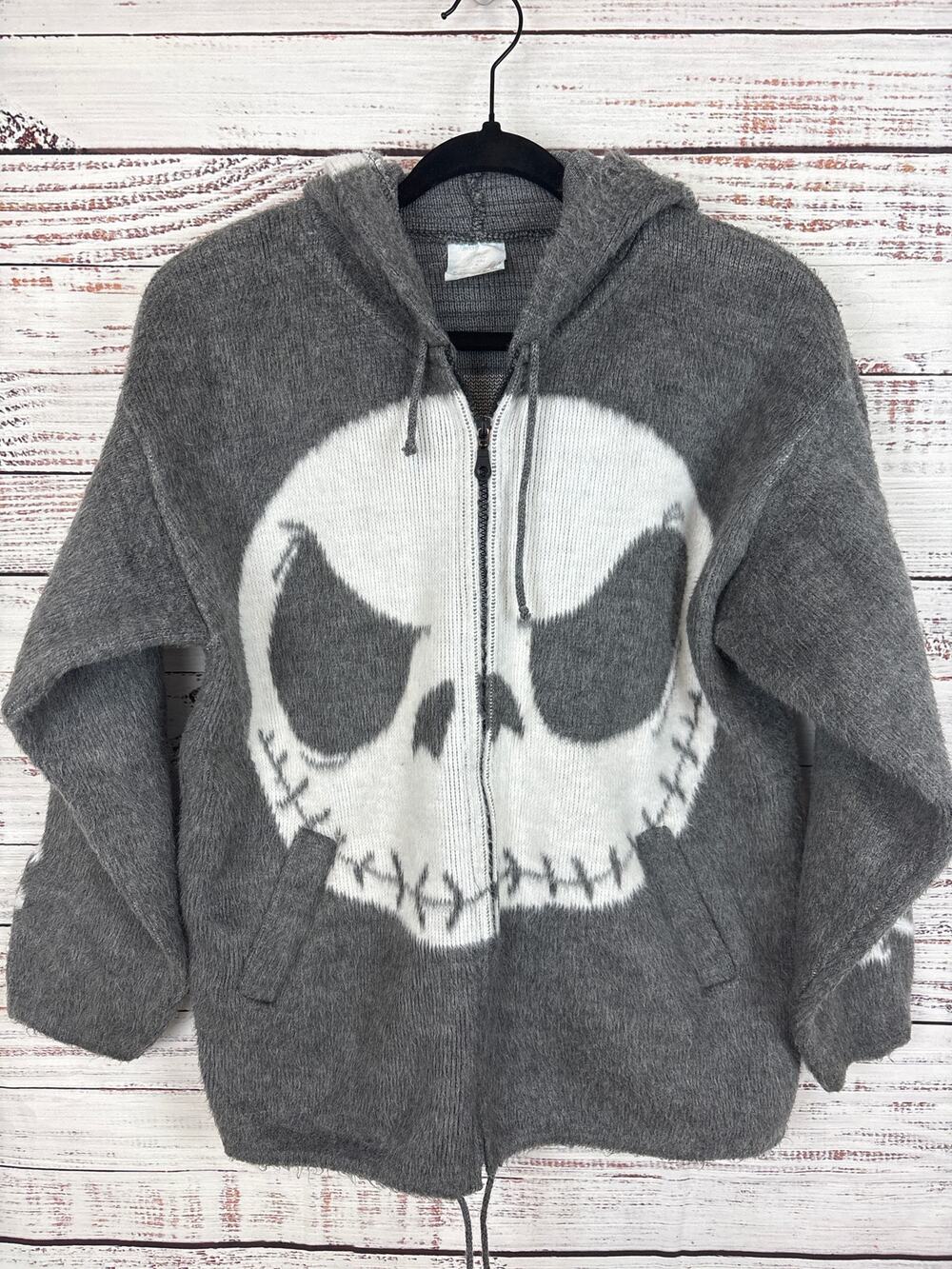 Artesanias Gray Jack Skellington Full Zip Hood Wool jacket Ecuador Nightmare M